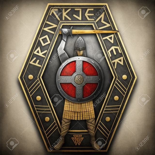 Projeto Viking. Guerreiro nórdico antigo. Viking com espada e escudo. Inscrições norueguesas Frontkjemper-Frontline fighter