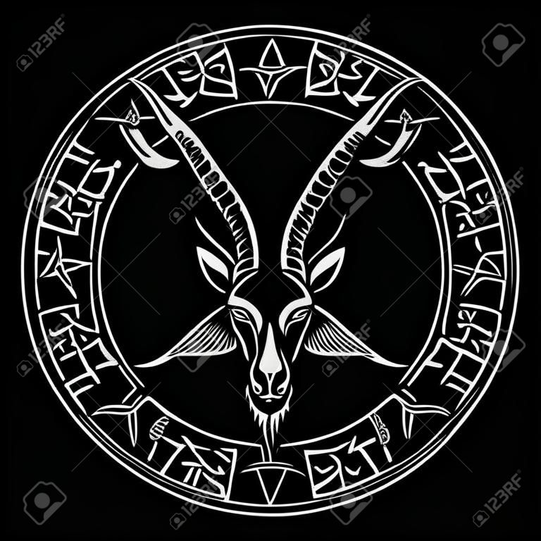 Le pentagramme, le signe de Lucifer. La tête d'une chèvre cornue dans un pentagramme. Sceau de Baphomet