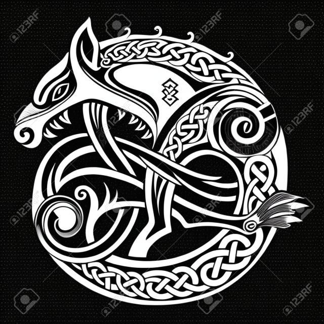 Diseño vikingo escandinavo. Ilustración de una bestia mitológica - Fenrir Wolf en estilo celta escandinavo