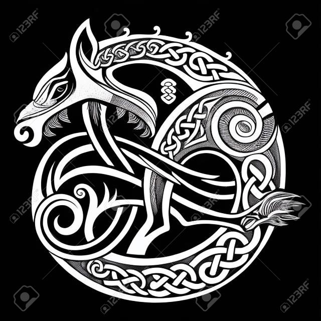 Design scandinavo vichingo. Illustrazione di una bestia mitologica - Fenrir Wolf in stile celtico scandinavo