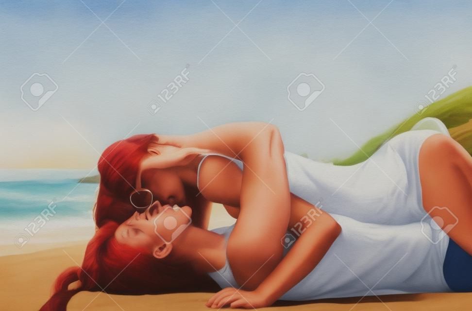 Jonge geliefden kussen op het strand