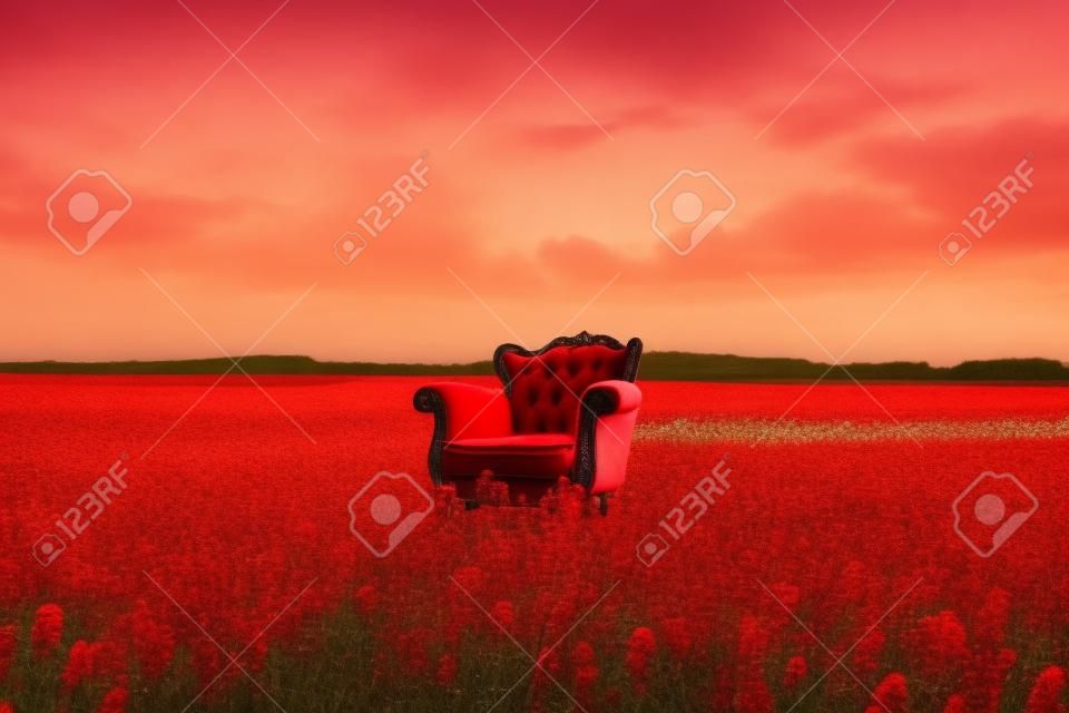 Chaise rouge dans un champ plein de fleurs