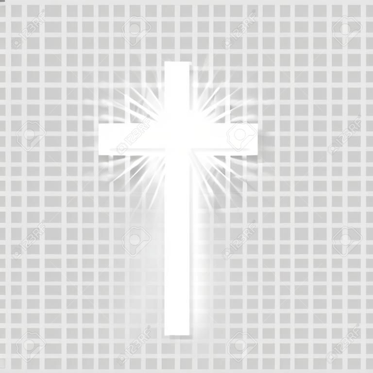 Błyszczący biały krzyż na przezroczystym tle. Symbol religijny. Świecący krzyż św. Znak wielkanocny i bożonarodzeniowy. Ilustracja wektorowa