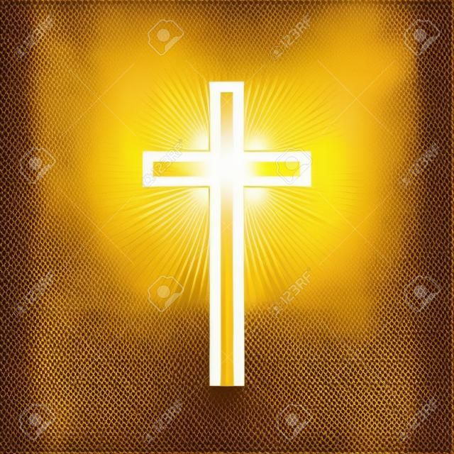 Cruz de oro brillante aislada sobre fondo transparente. Símbolo religioso. Santa cruz resplandeciente. Signo de Pascua y Navidad. Ilustración vectorial