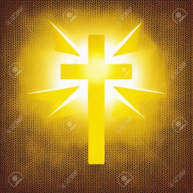 Cruz de oro brillante aislada sobre fondo transparente. Símbolo religioso. Santa cruz resplandeciente. Signo de Pascua y Navidad. Ilustración vectorial