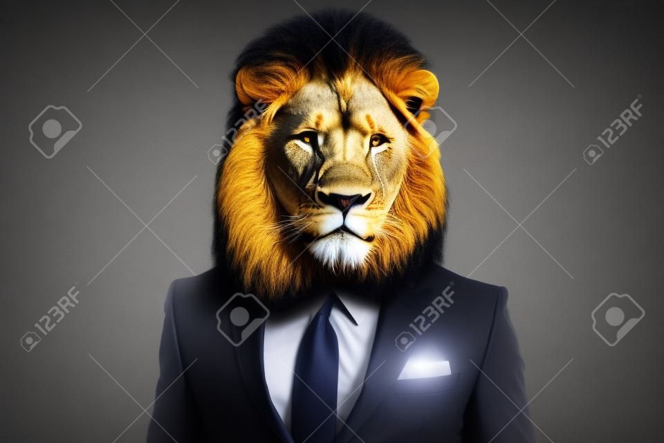 Un lion vêtu d'un costume avec une expression sérieuse, portrait en studio, ia générative