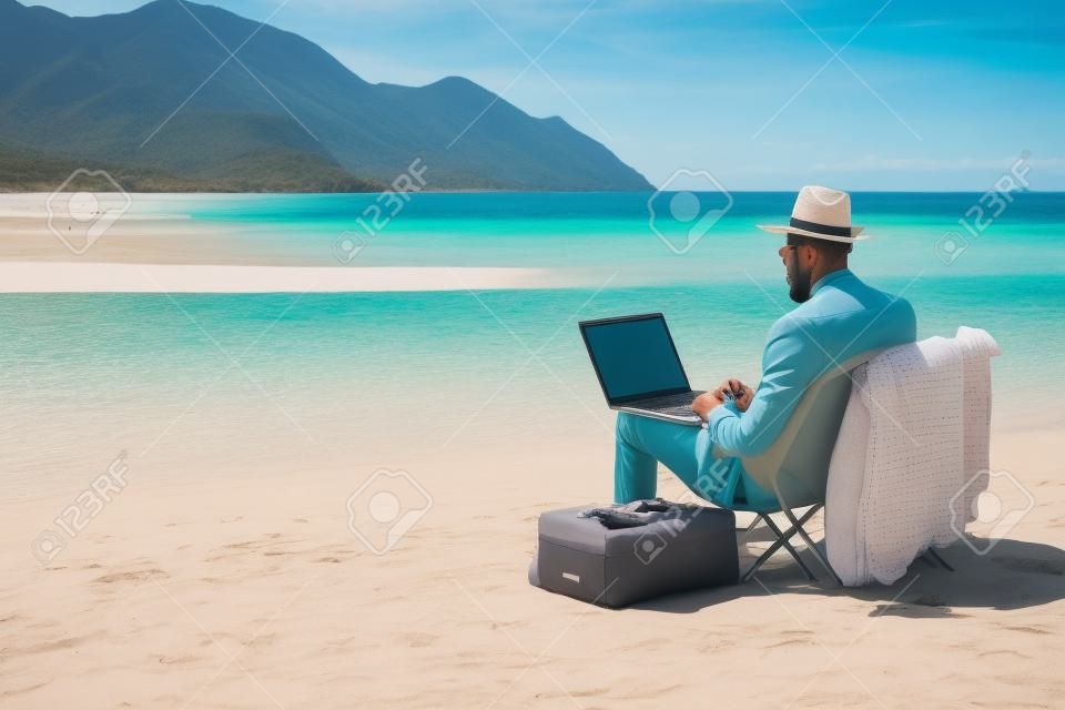 Równowaga między życiem zawodowym a prywatnym: biznesmen pracujący zdalnie z pięknej plaży, generatywne ai