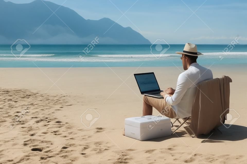 Równowaga między życiem zawodowym a prywatnym: biznesmen pracujący zdalnie z pięknej plaży, generatywne ai
