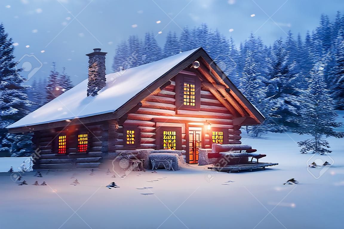 3D-gerenderte Winterschneeszene kalt und ruhig neu für den Winter 2023. Blockhütte im Wald mit schneebedecktem Dach, Tiefschnee draußen, ruhige Naturlandschaftsaufnahme
