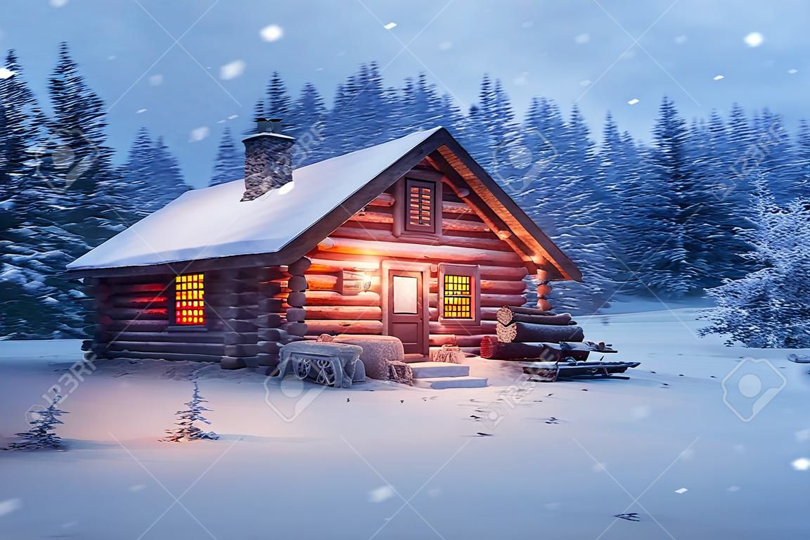 3d renderowana zimowa scena śnieżna zimna i spokojna nowość na zimę 2023. chata w lesie ze śnieżnym dachem, głęboki śnieg na zewnątrz, spokojny naturalny krajobraz