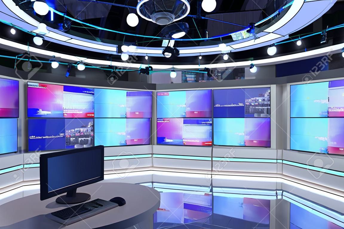 Modern TV Broadcasting Station - Generative AI image of a modern television broadcast room. Set and stage with monitors and communications for on-screen talent and production