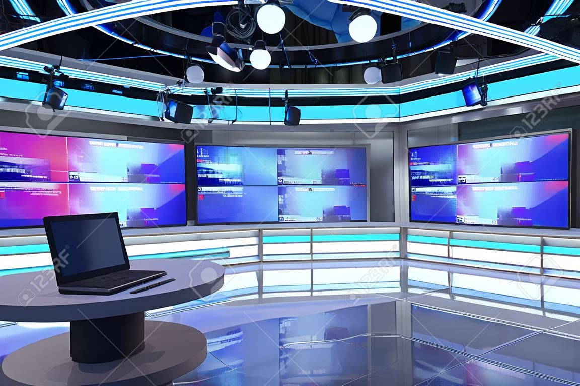 Modern TV Broadcasting Station - Generative AI image of a modern television broadcast room. Set and stage with monitors and communications for on-screen talent and production