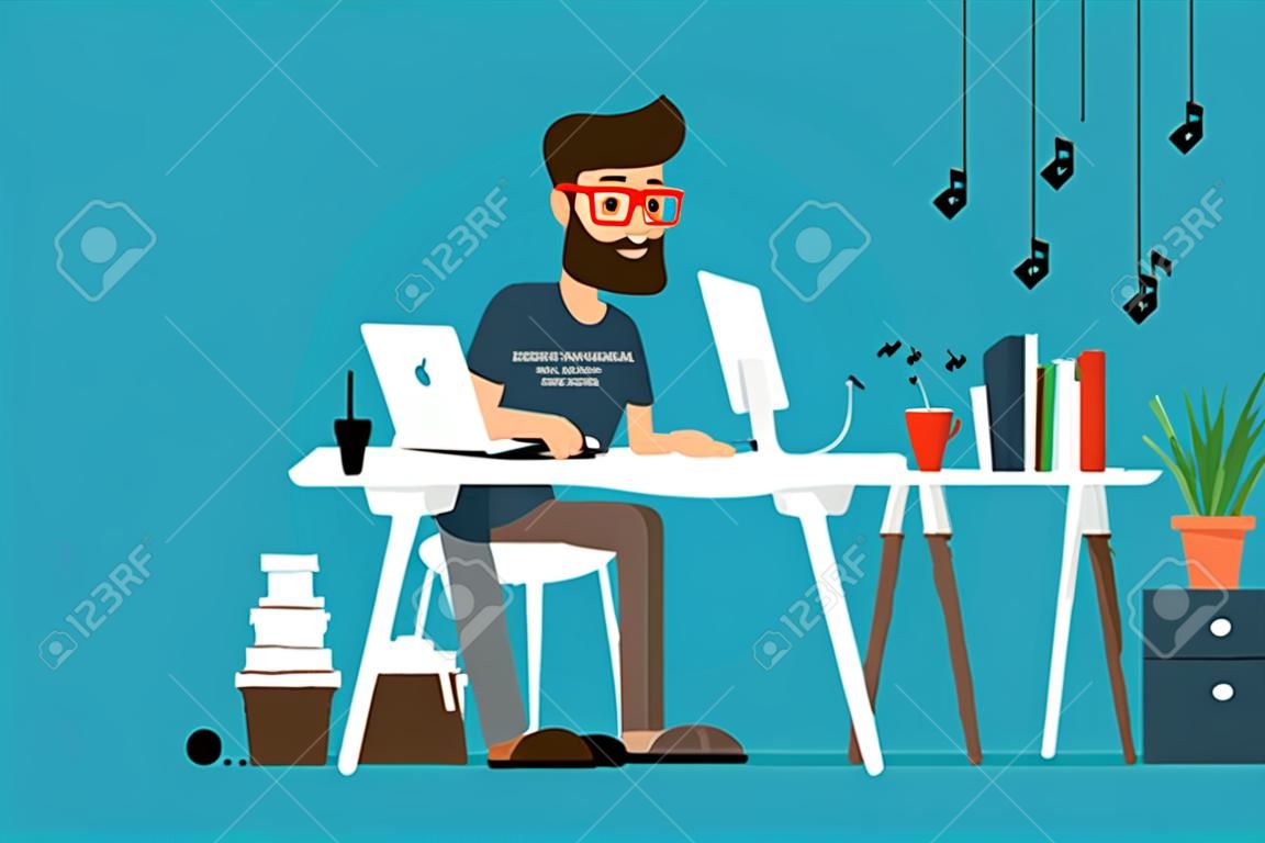 Happy man working on computer cartoon.