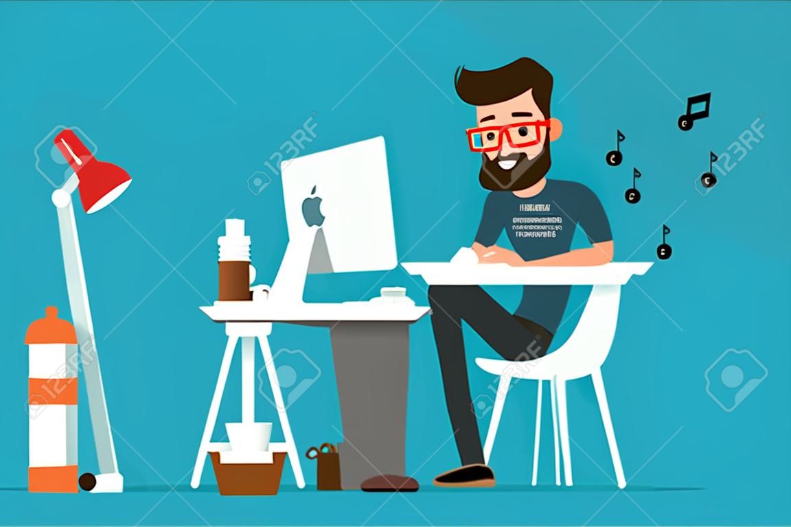 Happy man working on computer cartoon.