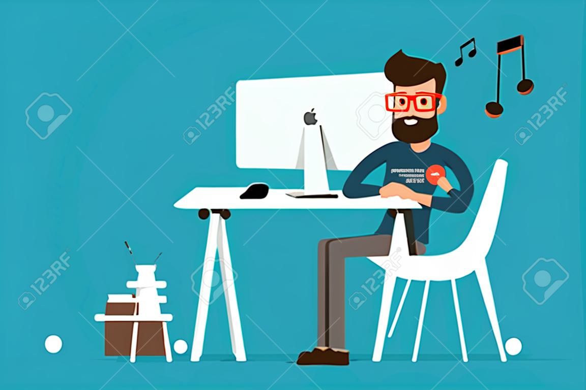 Uomo felice lavorando su computer cartone animato.