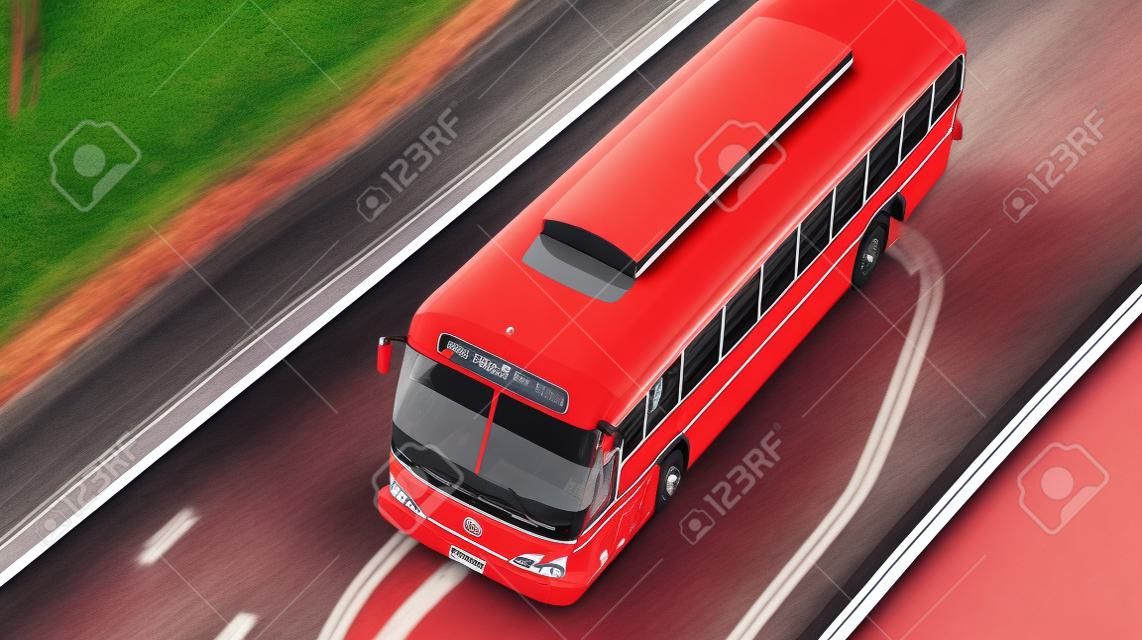 Vista superior de un autobús turístico rojo en la carretera. ai generativa ai generativa