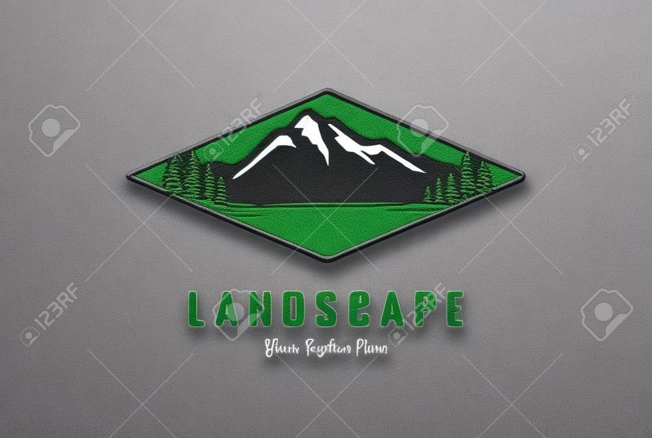 Emblem Badge Mountain Pine Evergreen Conifer Fir Trees Forest with Lake River Creek for Outdoor Adventure Rafting Kayaking Canoe T Shirt Logo Design
