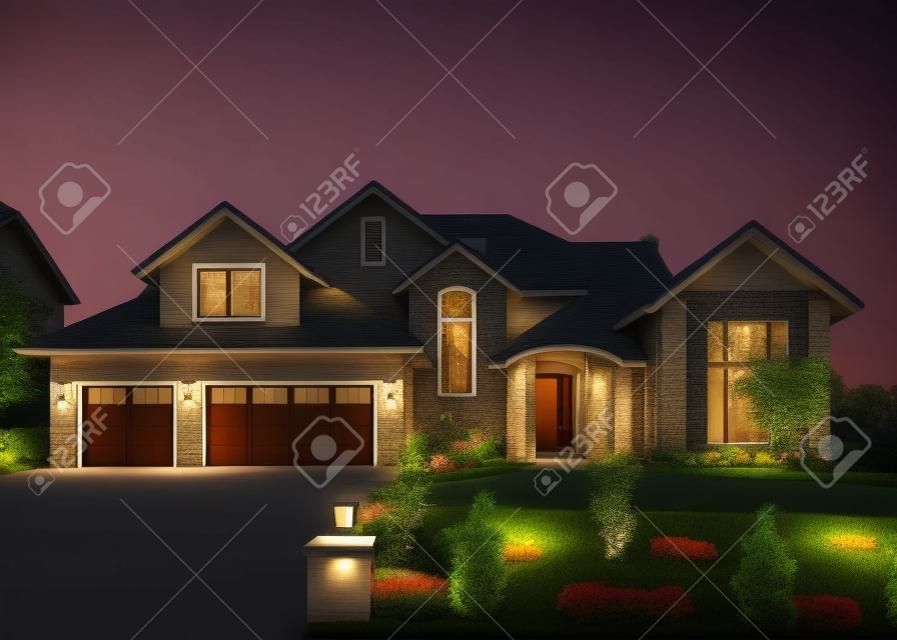 Передняя внешность роскошный дом в вечернее время