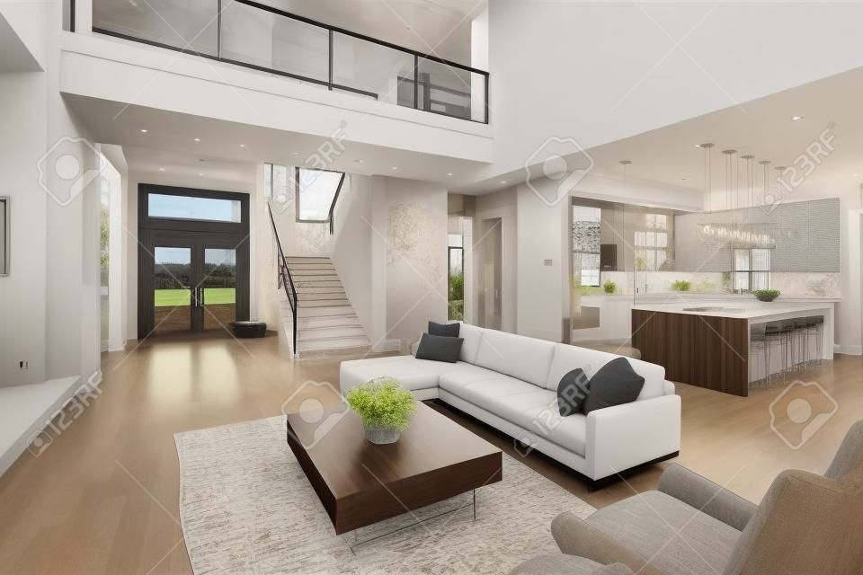 Wohnzimmer in Luxus-Haus mit Blick auf Küche, entryfoyer, Haustür, Treppen und Dachboden