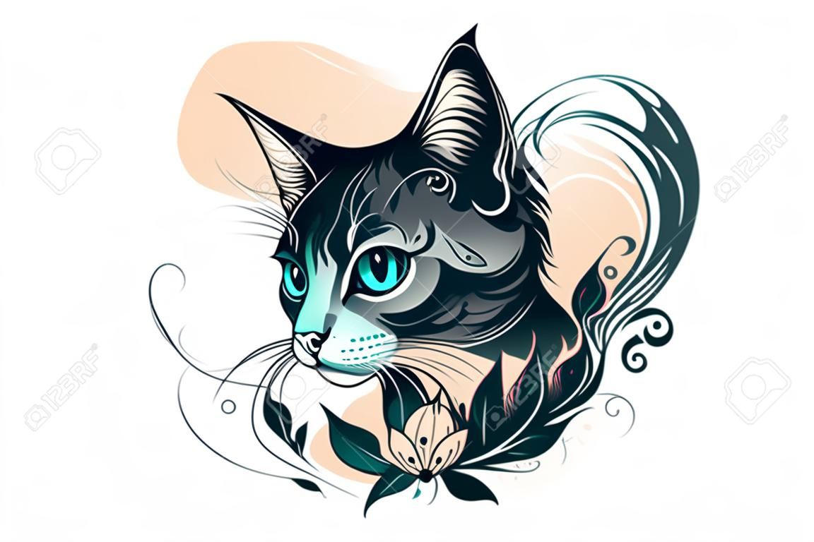 Chat tatouage noir et blanc illustration vectorielle