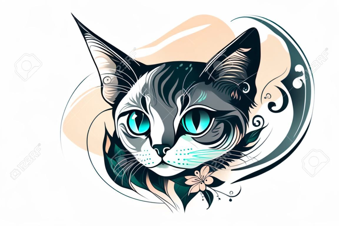 Illustrazione vettoriale in bianco e nero del tatuaggio del gatto