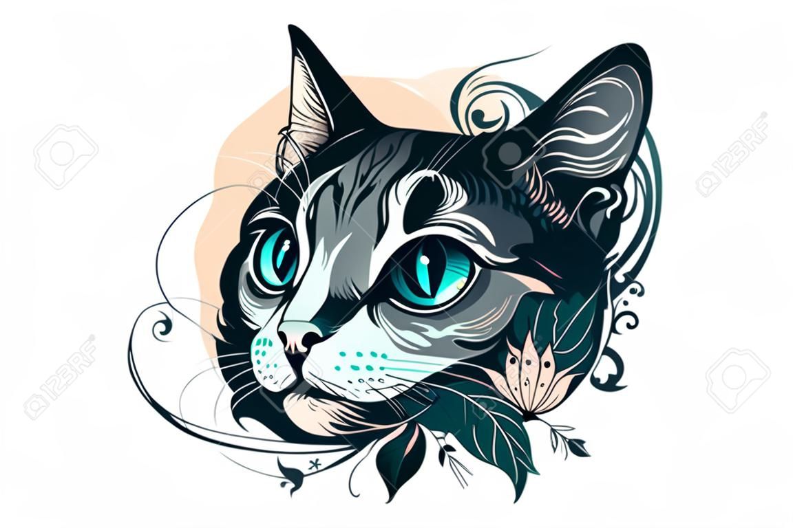 Illustrazione vettoriale in bianco e nero del tatuaggio del gatto