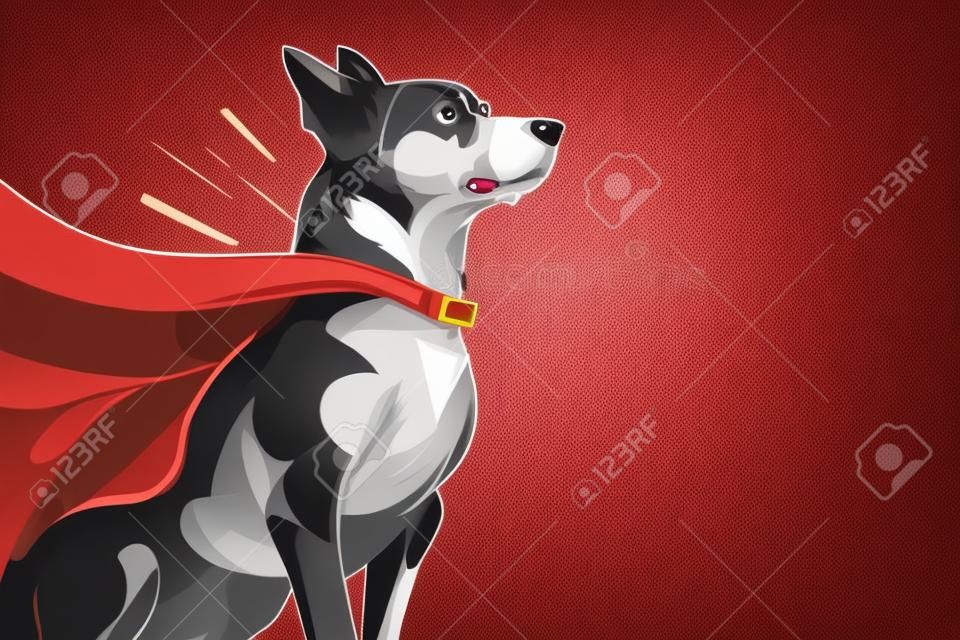 赤いマントを持つ犬のスーパーヒーローの漫画イラスト。ベクターイラスト。