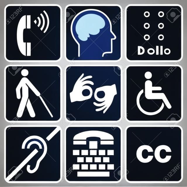 青の障害のシンボルと標識のコレクション、様々 な disabilities.vector 図を持つ人々 のための場所、およびその他の活動のアクセシビリティを公表するために使用可能性があります