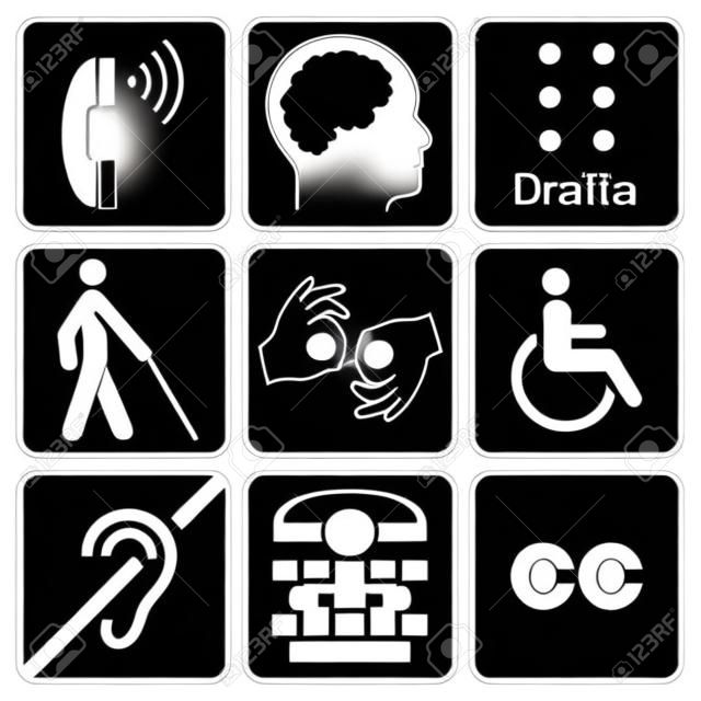 nero disabilità simboli e segni di raccolta, può essere utilizzato per pubblicizzare l'accessibilità dei luoghi, e di altre attività per le persone con vari disabilities.vector illustrazione