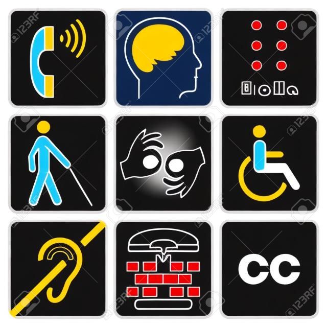 黑色残疾标志和标志收集可用于宣传各种残疾人士的可及性和其他活动。