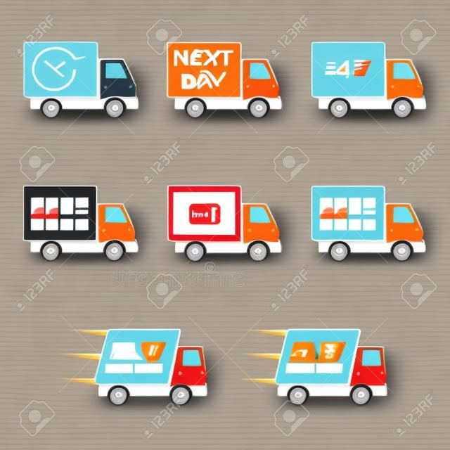 szállítás ikon készlet. másnap szállítás, ingyenes szállítás és a gyors szállítás, ingyenes szállítás és gyors szállítás, 247 és 24 órás szállítás. vektoros illusztráció