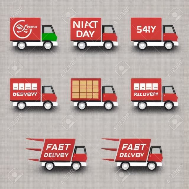 szállítás ikon készlet. másnap szállítás, ingyenes szállítás és a gyors szállítás, ingyenes szállítás és gyors szállítás, 247 és 24 órás szállítás. vektoros illusztráció