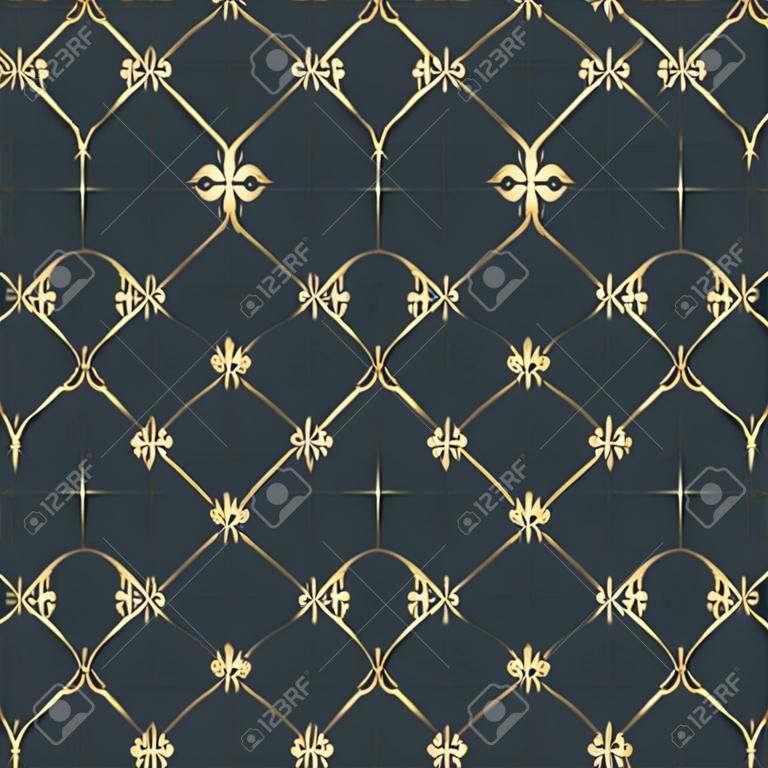 高級シームレスなパターン背景。斜めの黄金の紋章のシンボルの花飾り