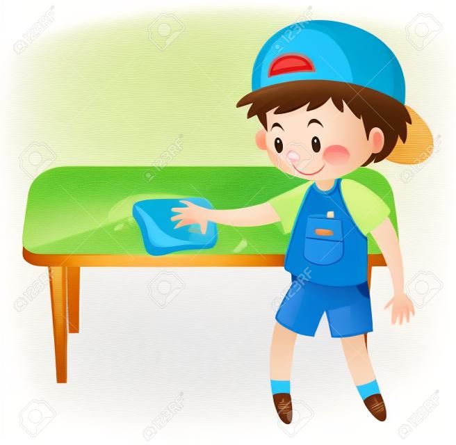 クリーニング布図とテーブルの小さな男の子