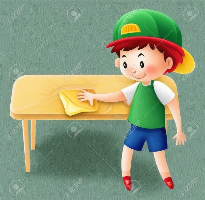 헝겊 그림으로 테이블을 청소하는 어린 소년