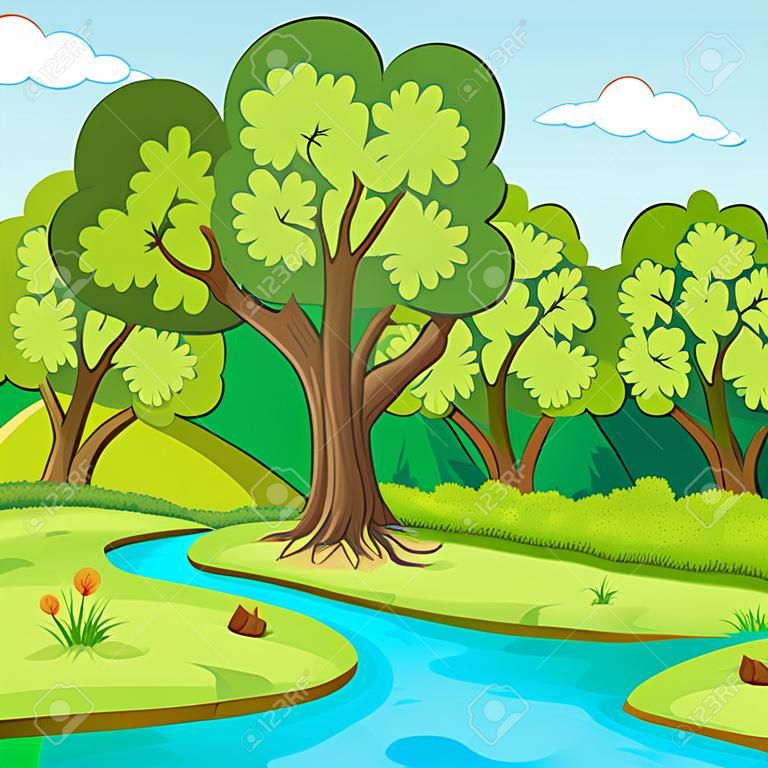 Forest scene with trees and river illustration