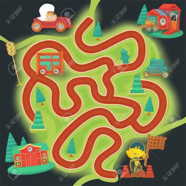 Maze game template with kid in racing car illustration