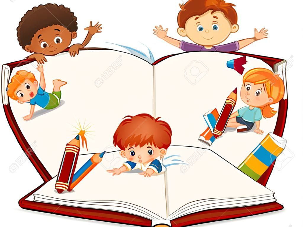 Niños en la ilustración de libros en blanco