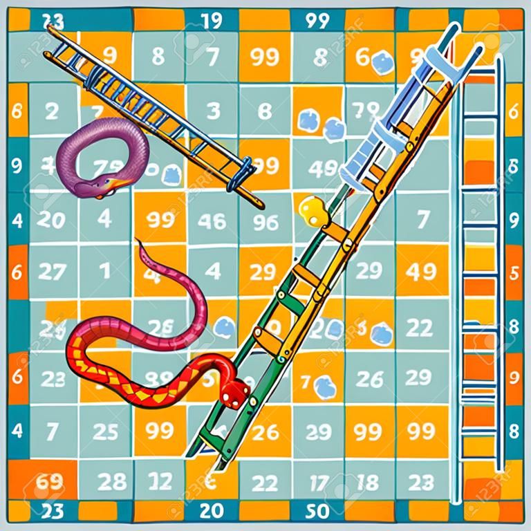 Boardgame design template with snakes and ladder illustration