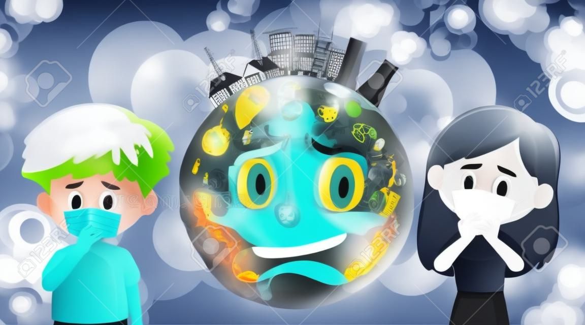 Scène avec pollution sur terre et enfants malades portant une illustration de masque