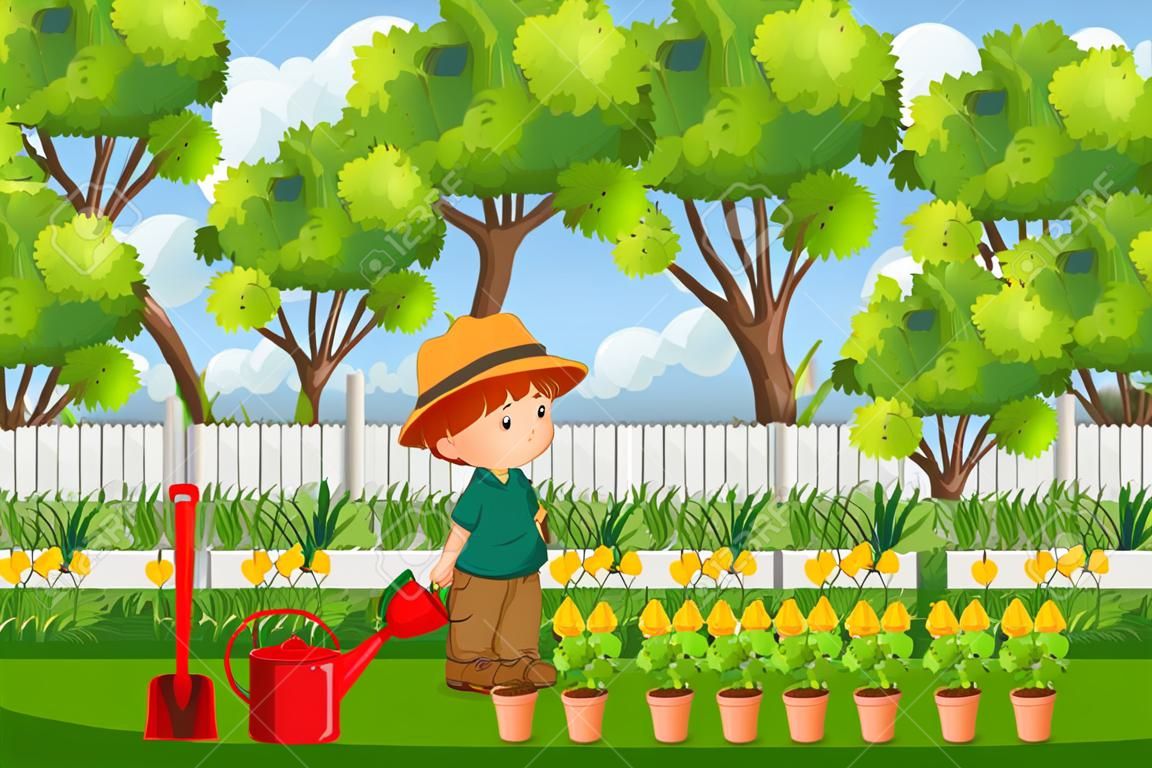 Background scene with boy planting trees in the park illustration