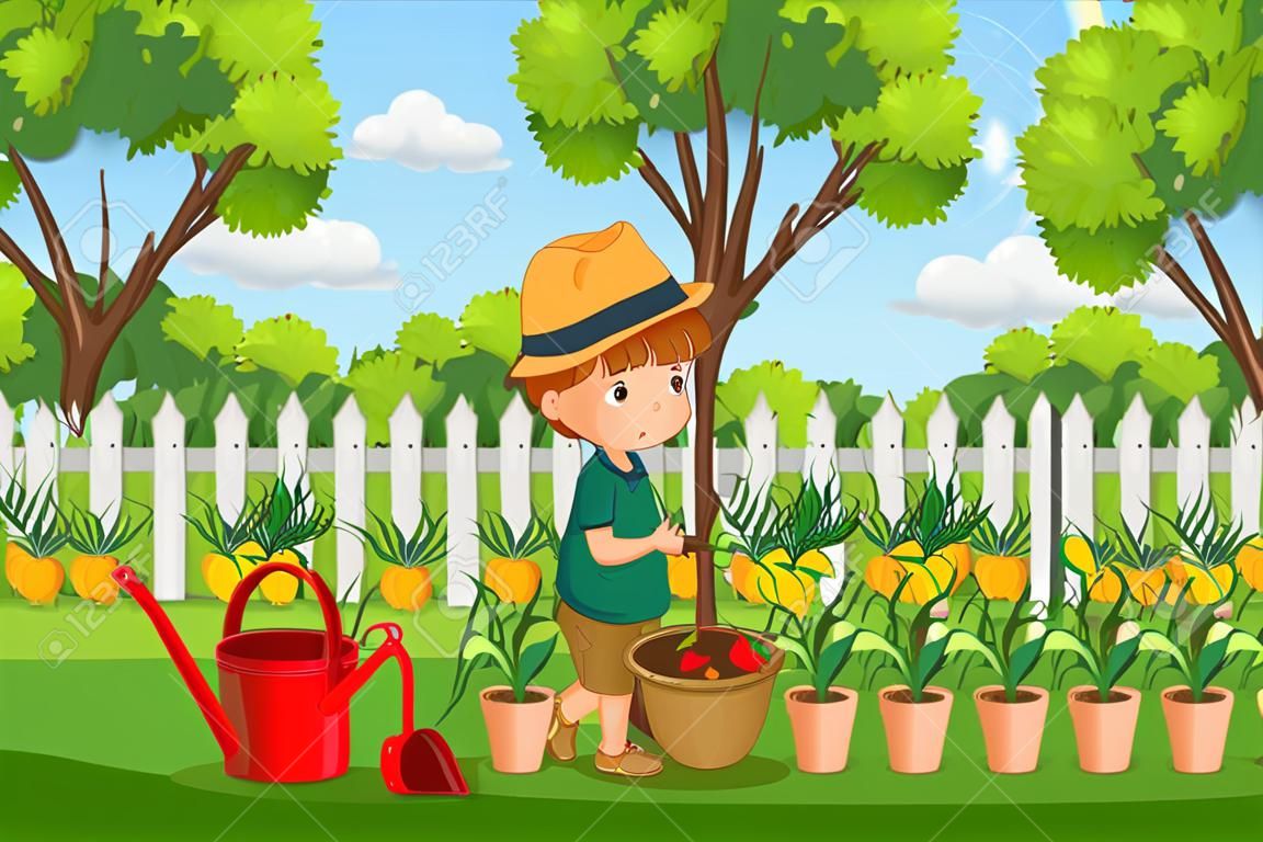 Background scene with boy planting trees in the park illustration
