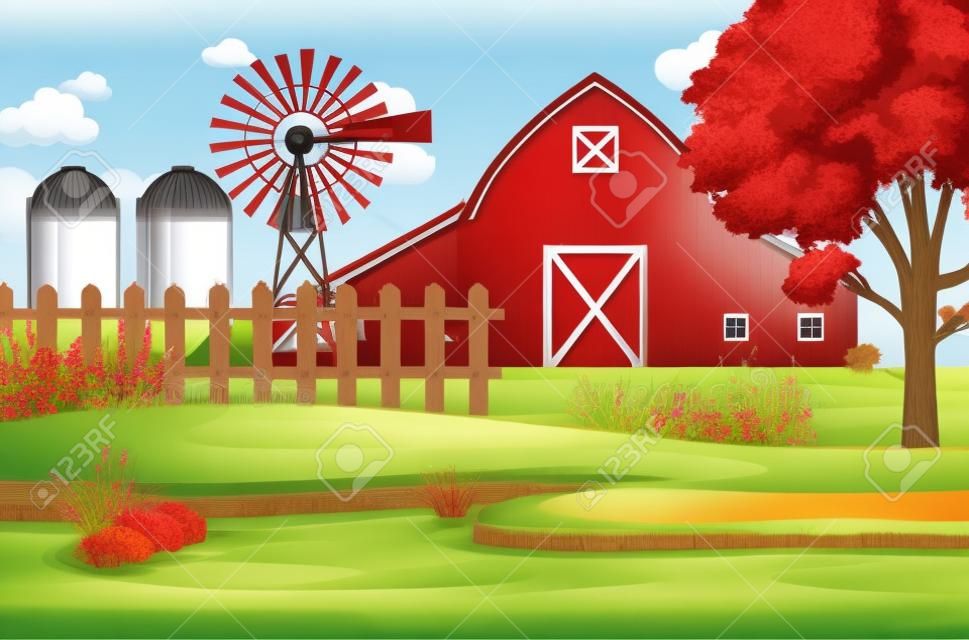 Background scene with red barn and windmill on the farm illustration