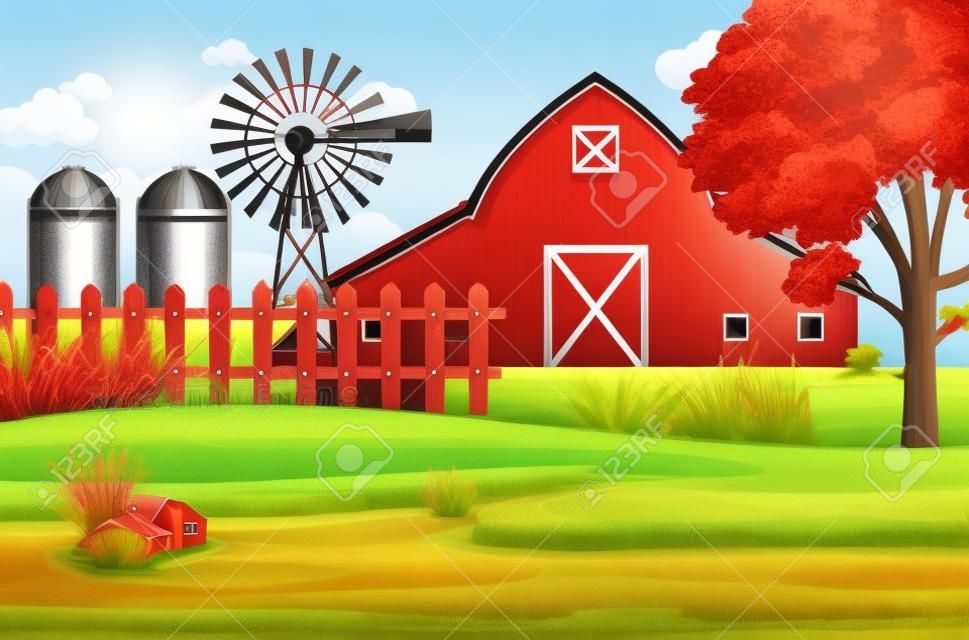 Background scene with red barn and windmill on the farm illustration