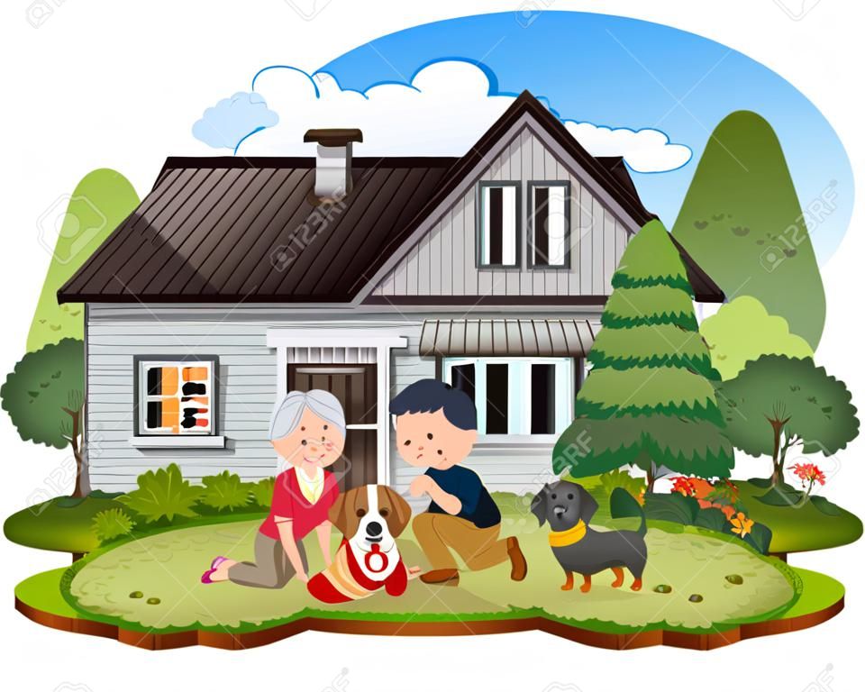 Elderly couple and thier dog in front of the house illustration