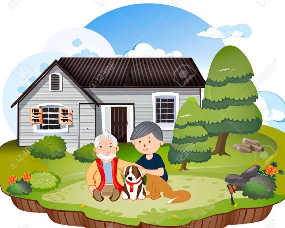 Elderly couple and thier dog in front of the house illustration