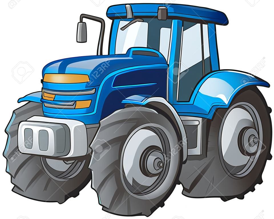 A vector cartoon illustration of a blue tractor, isolated on a white background