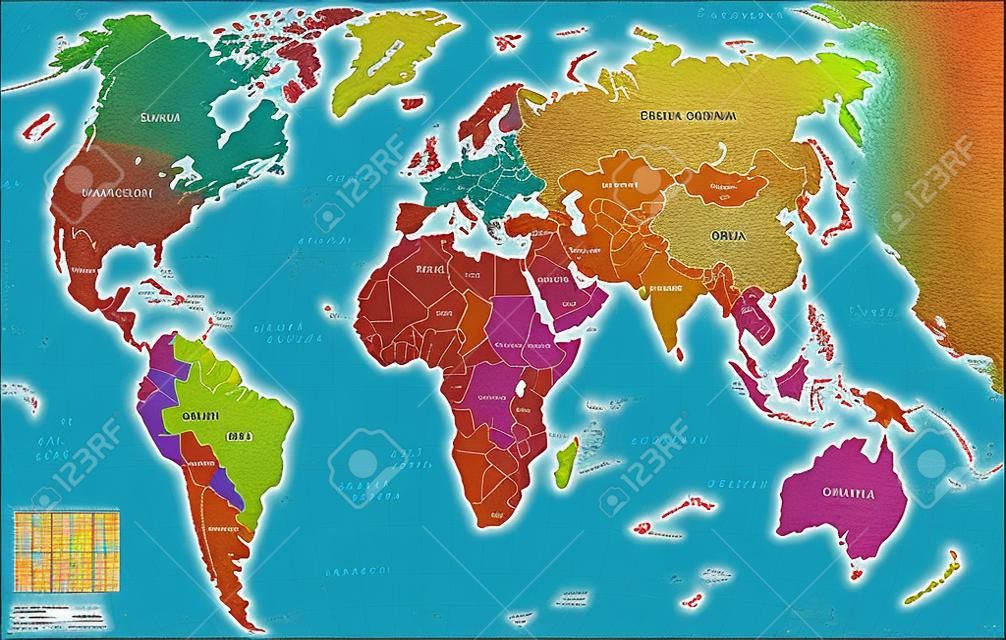 Mappa del mondo colorata ad alta dettagliati con nomi di paesi