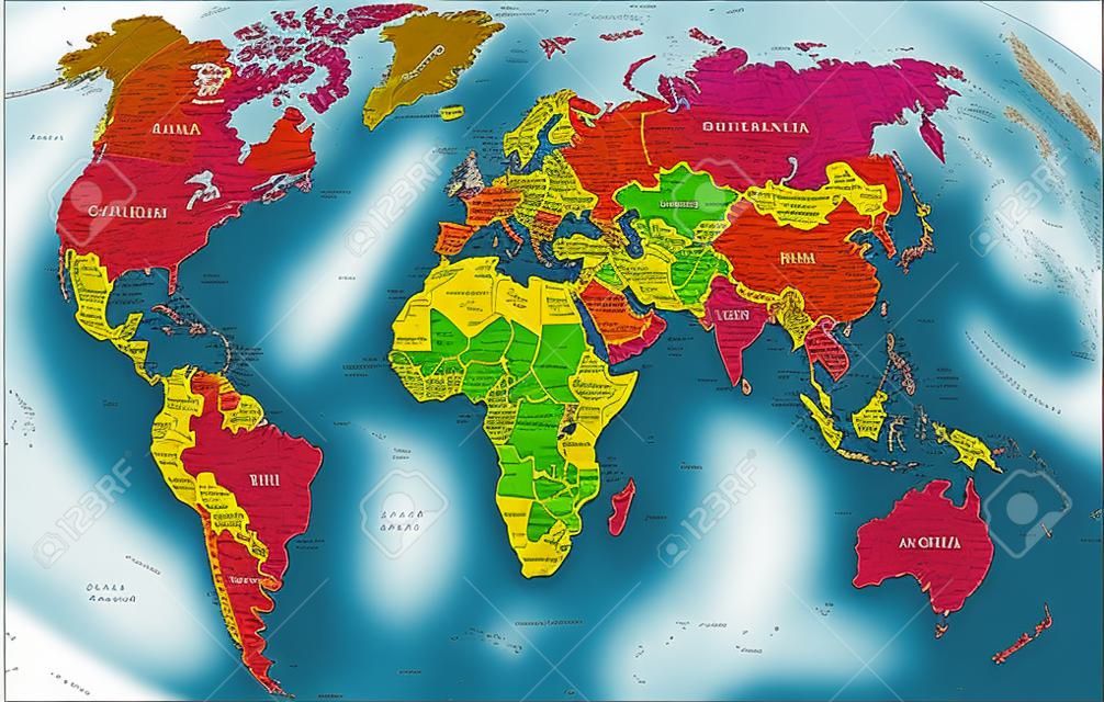 Mappa del mondo colorata ad alta dettagliati con nomi di paesi