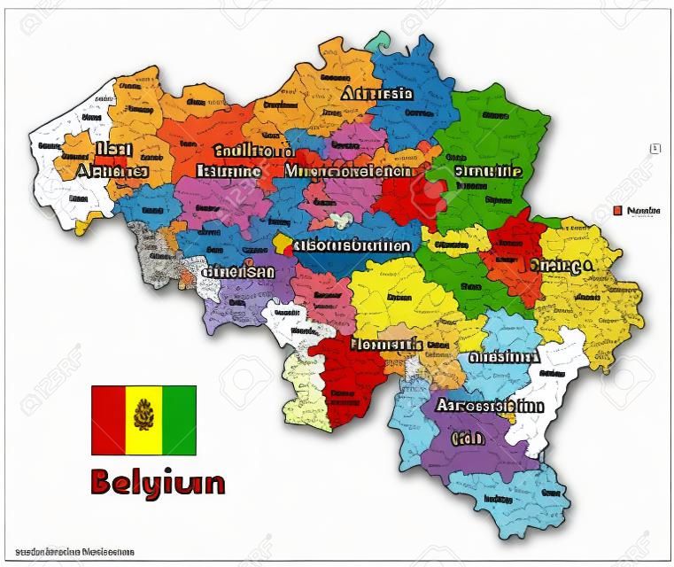 Mapa wektorowa Belgii pokazująca prowincje i jednostki administracyjne (gminy), pokolorowane według okręgów